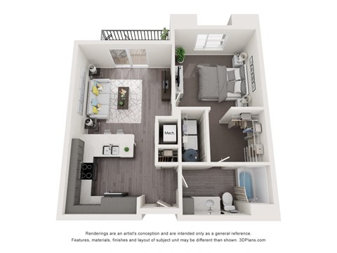 Floor plan for 1 bed, 1 bath, 742 sqft